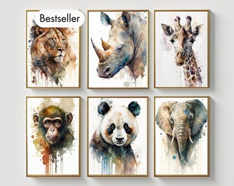 Set of 6 prints Safari Animals Watercolor Paintings Six Animal Watercolor Painting Digital Print Art Wall Art Home Decor Father&#39;s Day Gift