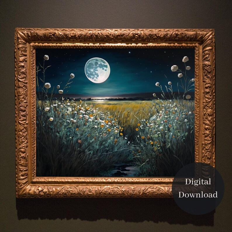 Field Of Flowers Painting, Digital Download Oil Painting, Flowers and Moon Printable Wall Art, Digiprint, Home Decor image 2