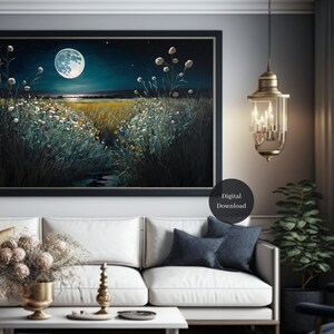Field Of Flowers Painting, Digital Download Oil Painting, Flowers and Moon Printable Wall Art, Digiprint, Home Decor image 1