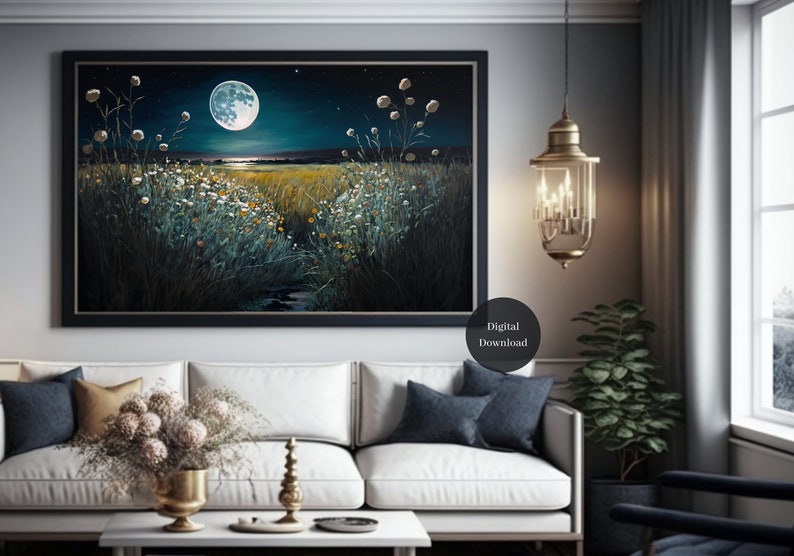 Field Of Flowers Painting, Digital Download Oil Painting, Flowers and Moon Printable Wall Art, Digiprint, Home Decor image 1