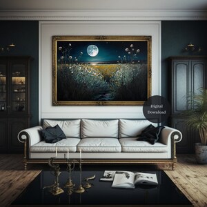 Field Of Flowers Painting, Digital Download Oil Painting, Flowers and Moon Printable Wall Art, Digiprint, Home Decor image 4