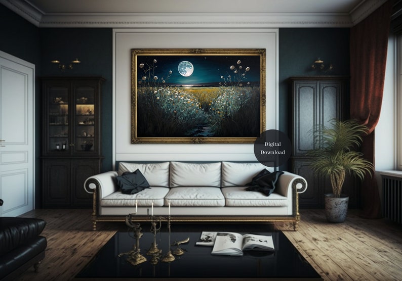 Field Of Flowers Painting, Digital Download Oil Painting, Flowers and Moon Printable Wall Art, Digiprint, Home Decor image 4