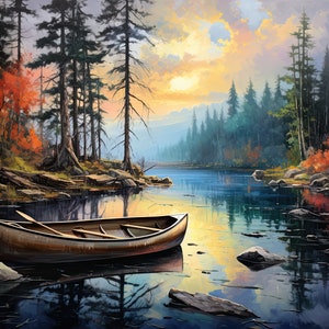 Canoe Painting Artwork | Digital Download | Painting, Sunrise, Landscape Painting, Lakehouse Art, Canoes, Antique Landscape, Lake Wall Decor