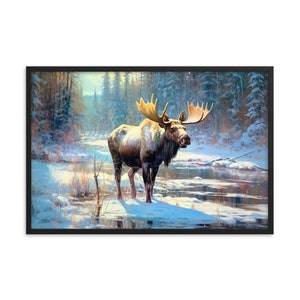 Majestic Moose in Winter Wilderness Framed Print | Lodge Wildlife Series | Moose Poster, Moose Art, Wildlife, A Moose, Elk, Wall Art