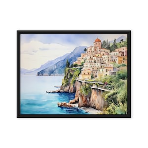 Amalfiküste Aquarell Malerei Wandkunst | Gerahmte und ungerahmt Leinwand, Druck | Strand, Europa Print, Almalfi Küste Print, Küste, Italien Art