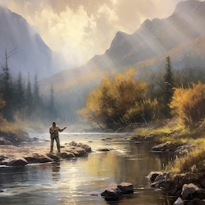 Fly Fishing Oil on Canvas Painting | Digital Download | Painting, Sunrise, Landscape Painting, Lakehouse, Antique Landscape, Fishing Artwork