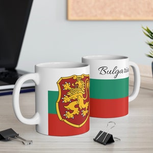 Bulgarien Flagge, bulgarischer Wappen Löwe, Keramikbecher 11oz | Bulgarien Kursive, bulgarisches Geschenk, bulgarisches Souvenir, bulgarisches Festival, Becher