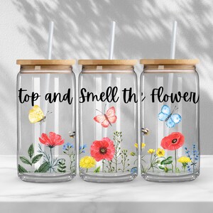 Flower Libbey Glass cup with lid and straw, Floral Boho cup, Iced coffee glass Can cup gift for mom wife her, Teacher gift or appreciation