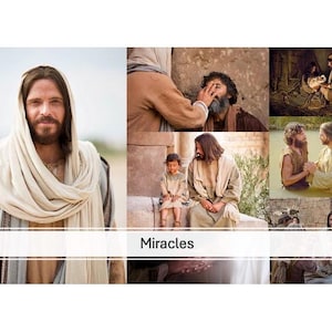 Puede incluir: Un collage de imágenes que representan escenas bíblicas. La imagen central muestra a un hombre con pelo largo y barba, vestido con una túnica blanca y beige. Otras imágenes muestran curaciones, bautismos y otros eventos. La palabra "Miracles" está escrita en la parte inferior.