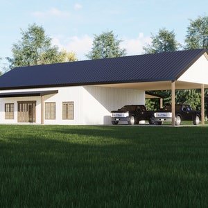 Huisplattegrond – 3 slaapkamers en 2 badkamers met carport voor 2 auto's | 1800 vierkante voet Barndominium | Plattegrond klein huis 50 x 36 | Wij personaliseren: