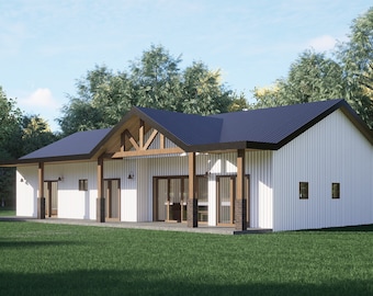 Barndominium House Plan, 2 Bed, 2 Bath, Office, 1800 Sq Ft, 30x60 Layout, Farmhouse Style Barndo Design, Customizable Plan