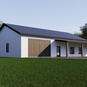 May include: A contemporary, single-storey building with a dark blue roof and white cladding. The building has a large garage door, a covered porch, and black-framed windows. The structure is set on a green lawn with trees in the background.