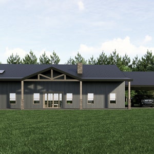 Plattegrond huis Barndominium | 4 slaapkamers en 4 badkamers met zolder en carport voor 2 auto's | 2600 vierkante voet | Plattegrond 40 x 65 | Moderne ranchstijl | Aanpasbaar ontwerp