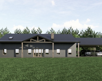 May include: A gray metal house with a covered porch and a large yard. The house has a modern design with a pitched roof and large windows. The porch is supported by wooden beams and has a metal roof. The yard is covered in green grass.