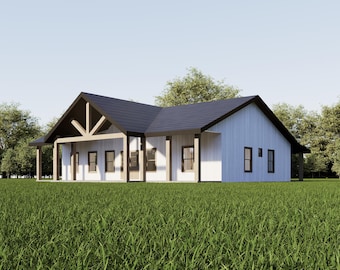 3 Bed 2 Bath House Plan – 1600 sq ft | 32x50 Barndominium Floor Plan with Porch | Small farmhouse ranch style Blueprint | We Customize