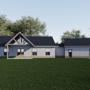Plano de casa Barndominium, 2 dormitorios, 2 baños más oficina, casa de campo de 2400 pies cuadrados, plano de planta de 40x60 con porche y garaje, personalizable