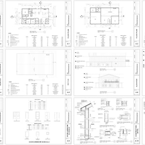 K&ouml;nnte beinhalten: Architekturpl&auml;ne f&uuml;r ein Geb&auml;ude mit einer perspektivischen Ansicht, Grundrissen, Ansichten und T&uuml;r- und Fensterschemata.