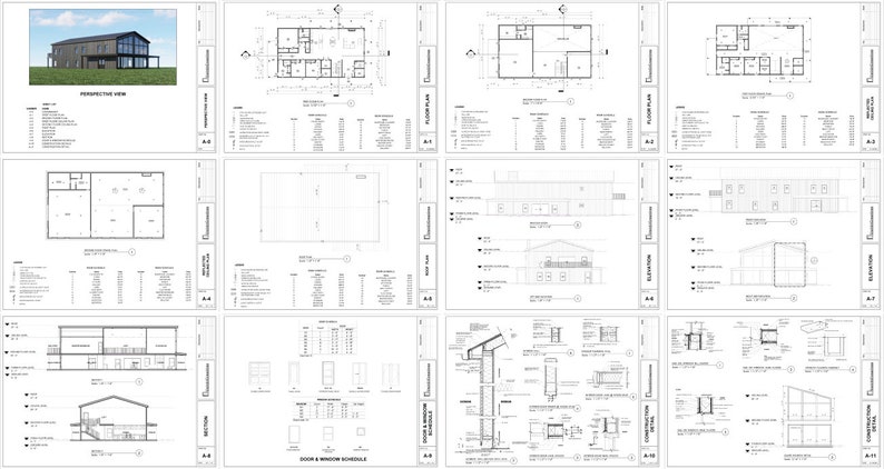 K&ouml;nnte beinhalten: Architekturpl&auml;ne f&uuml;r ein Geb&auml;ude mit einer perspektivischen Ansicht, Grundrissen, Ansichten und T&uuml;r- und Fensterschemata.