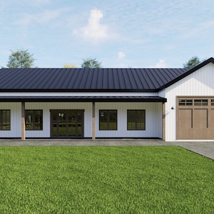 Plattegrond huis Barndominium | 3 slaapkamers en 2 badkamers met garagewinkel | 3000 vierkante voet | Plattegrond 43 x 70 | Boerderijboerderijstijl | Wij personaliseren: