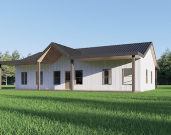 Barndominium, House Plan, 3 Bedroom 2 Bathroom, 1600 sq ft Home Design, 32x50 Floor Plan, Farmhouse Ranch, Blueprint | WE CUSTOMIZE