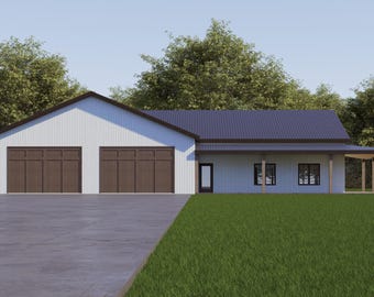 Barndominium House Plan | 2 Bed, 2 Bath Farmhouse Ranch (PDF)