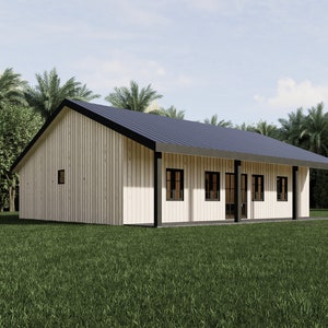 May include: A modern, single-story house with a light wood exterior and a dark blue roof. The house has black trim around the windows and doors, and a covered porch. The house is surrounded by green grass and trees.
