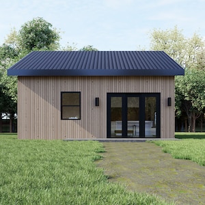 May include: A small, modern wooden cabin with a dark blue corrugated metal roof. The cabin has a window and double doors with black frames. Two black sconces are mounted on the exterior. The cabin is surrounded by green grass and trees.