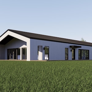 Huisplattegrond – 3 slaapkamers en 3 badkamers met veranda en garage voor 2 wagens | 3150 vierkante voet Barndominium | Plattegrond 35 x 90 | Boerderijstijl | Wij personaliseren: