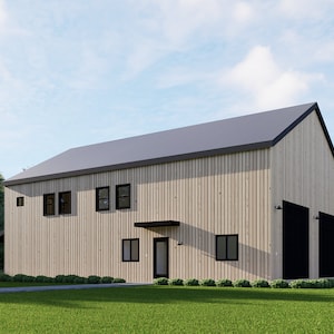 May include: A contemporary two-storey building with a light wood exterior and a dark grey roof. The building features black-framed windows and doors, and two large black garage doors. The building is set in a green grassy area with trees.