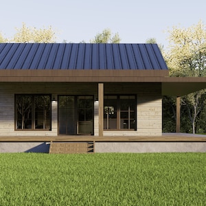 Tiny House Plan w/ Porch | 1 Bed 1 Bath Small Cabin Design | 728 Sq Ft | 26x28 Floor Plan | Cozy Tiny Home | Customizable Layout