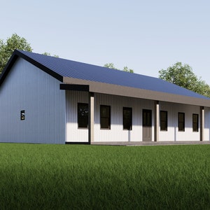 Plano de casa Barndominium, 3 dormitorios, 2 baños, 1620 pies cuadrados, 45x36 con porche, estilo rancho, plano personalizable.