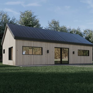 May include: A contemporary single-storey house featuring a black metal roof and light-coloured wooden cladding. The house has large windows and a sliding glass door, set within a green lawn and trees. The design is minimalist and modern.