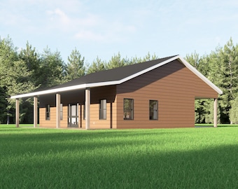 Planta baixa de um Barndominium com 3 quartos e 2 banheiros, 40x40 pés (aproximadamente 12x12 metros) | Casa de campo moderna estilo rancho com 1600 pés quadrados (aproximadamente 149 metros quadrados) | Varanda aconchegante | Personalizável