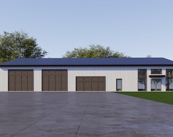 Planta baixa de um Barndominium com 5 quartos e 4 banheiros, medindo 40x80 pés (aproximadamente 12x24 metros) | Casa de campo moderna estilo rancho com 3200 pés quadrados (aproximadamente 297 metros quadrados) | Garagem para 2 carros