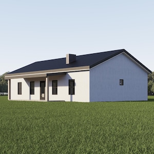 Progetto di casa Barndominium con 3 camere da letto e 2 bagni / 1500 piedi quadrati in stile ranch fattoria / Planimetria 50x30 con portico / Layout personalizzabile