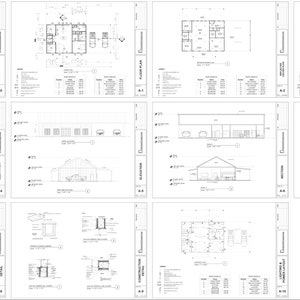 K&ouml;nnte beinhalten: Architekturpl&auml;ne f&uuml;r ein Geb&auml;ude mit einer perspektivischen Ansicht, einem Grundriss, Ansichten und Details von T&uuml;ren und Fenstern.