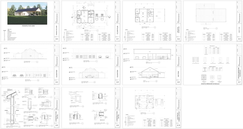 K&ouml;nnte beinhalten: Architekturpl&auml;ne f&uuml;r ein Geb&auml;ude mit einer perspektivischen Ansicht, einem Grundriss, Ansichten und Details von T&uuml;ren und Fenstern.