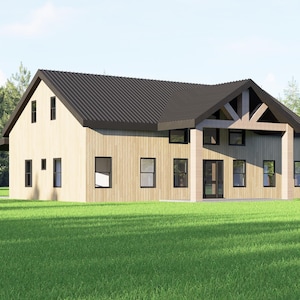 May include: A modern two-story house with a black roof and light wood siding. The house has multiple windows and a covered porch. It is set on a green lawn with trees in the background.