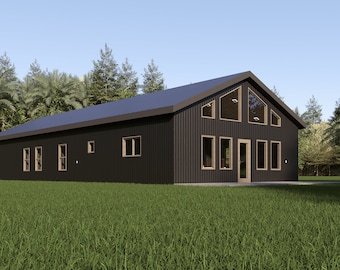 Op de afbeelding: Een zwart huis met metalen wanden, een groot driehoekig raam en verschillende kleinere ramen. Het huis is omgeven door een groen gazon en bomen.