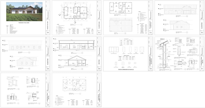 K&ouml;nnte beinhalten: Architekturpl&auml;ne f&uuml;r ein Haus mit einer perspektivischen Ansicht, einem Grundriss, Ansichten und Konstruktionsdetails. Die Pl&auml;ne beinhalten eine detaillierte Anordnung des Hauses, einschlie&szlig;lich der R&auml;ume, Fenster und T&uuml;ren. Die Pl&auml;ne zeigen auch die Au&szlig;enseite des Hauses aus verschiedenen Blickwinkeln.