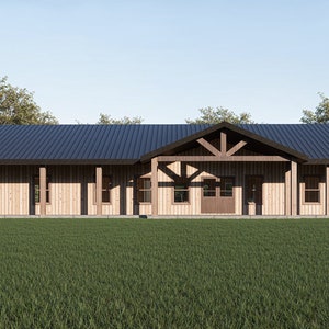Plattegrond huis Barndominium | 3 slaapkamers en 2 badkamers met veranda en garage | 2300 vierkante voet | 32 x 74 plattegrond | Indeling in ranchstijl | Wij personaliseren: