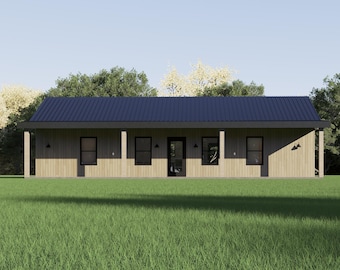 2 Bed 2 Bath Barndominium Floor Plan 25x48 | 1200 Sq Ft Farmhouse Ranch | Front Porch | Customizable