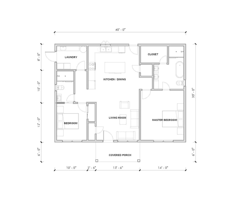 Barndominium Floor Plan 40x30 | 2 Bed 2 Bath | 1200 Sq Ft Modern Home ...