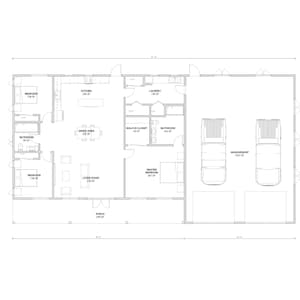K&ouml;nnte beinhalten: Ein schwarz-wei&szlig;er Grundriss eines Hauses mit einer Garage. Das Haus verf&uuml;gt &uuml;ber vier Schlafzimmer, zwei Badezimmer, ein Wohnzimmer, eine K&uuml;che und eine Waschk&uuml;che. Die Garage ist 7,3 Meter breit und 6,1 Meter lang.