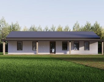 Barndominium House Plan 4 Bed 2 Bath 1,500 Sq Ft | 30x50 Modern Farmhouse Floor Plan with Porch | Barn House Blueprint PDF Instant Download
