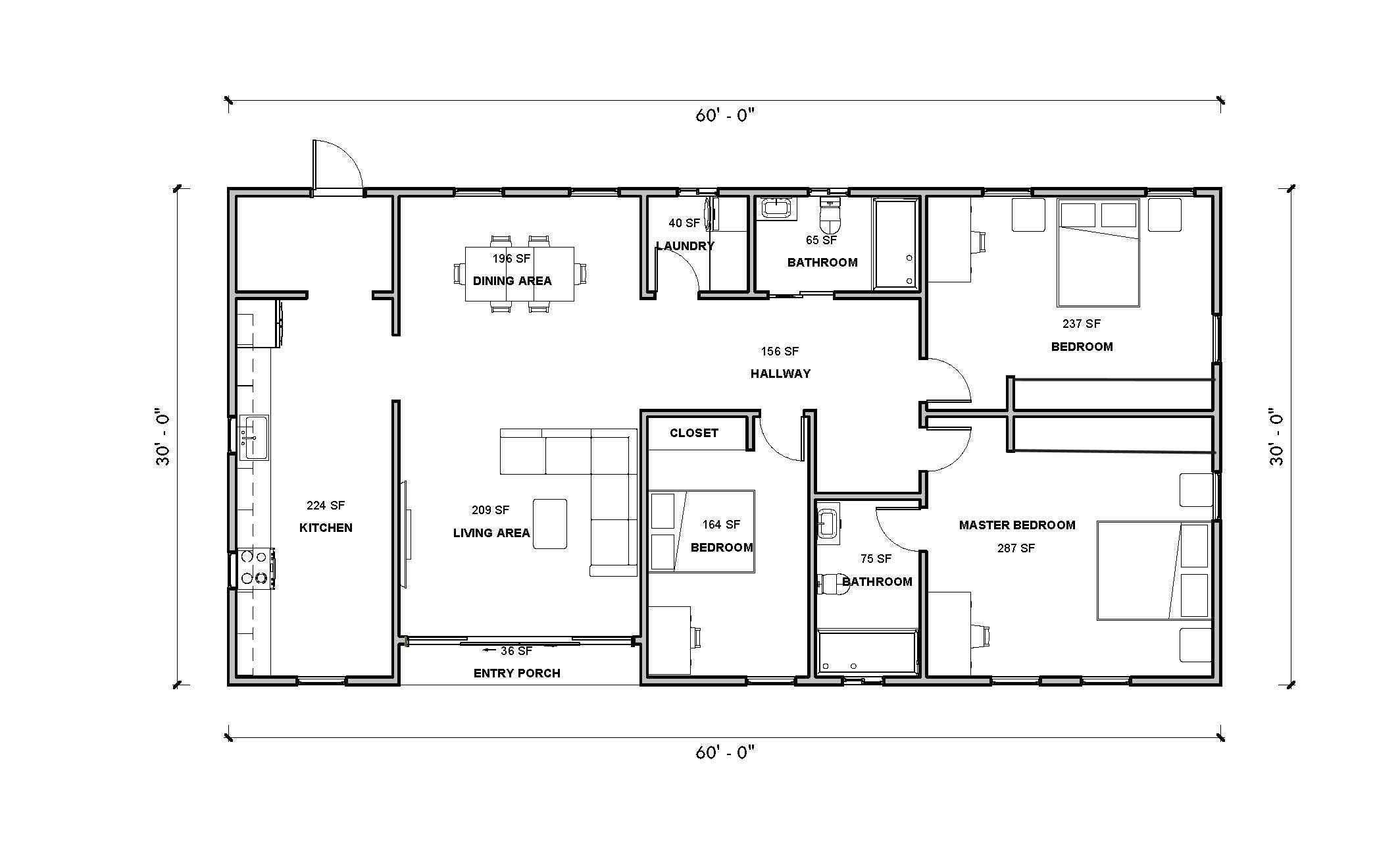 Barndominium House Plan, 3 Bedroom 1800 Sq Ft, 30x60 Farmhouse Ranch ...