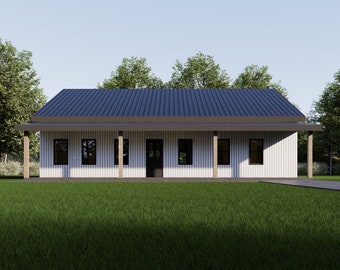 Barndominium House Plan 3 Bed 2 Bath 1620 Sq Ft | 45x36 Farmhouse Ranch Floor Plan with Porch | Barn House Blueprint PDF Instant Download