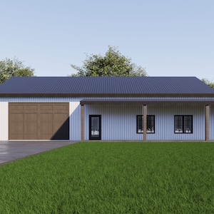 Plattegrond, Barndominium, 2 slaapkamers, 2 badkamers, veranda, garage, 2400 vierkante voet, 40 x 60 lay-out, blauwdruk voor kleine woning, aanpasbaar ontwerp