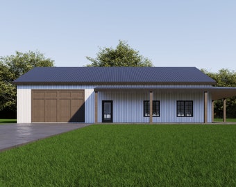 House Plan, Barndominium, 2 Bed, 2 Bath, Porch, Garage, 2400 Sq Ft, 40x60 Layout, Small Home Blueprint, Customizable Design