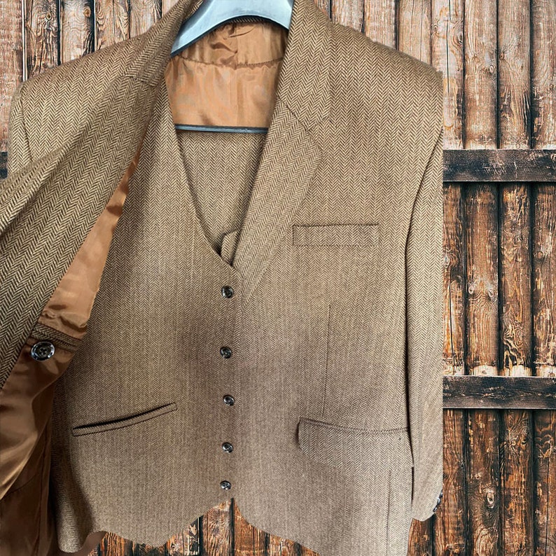 Men's Yarndyed Tweed Herringbone Bespoke Customized 3 Piece Slim Fit